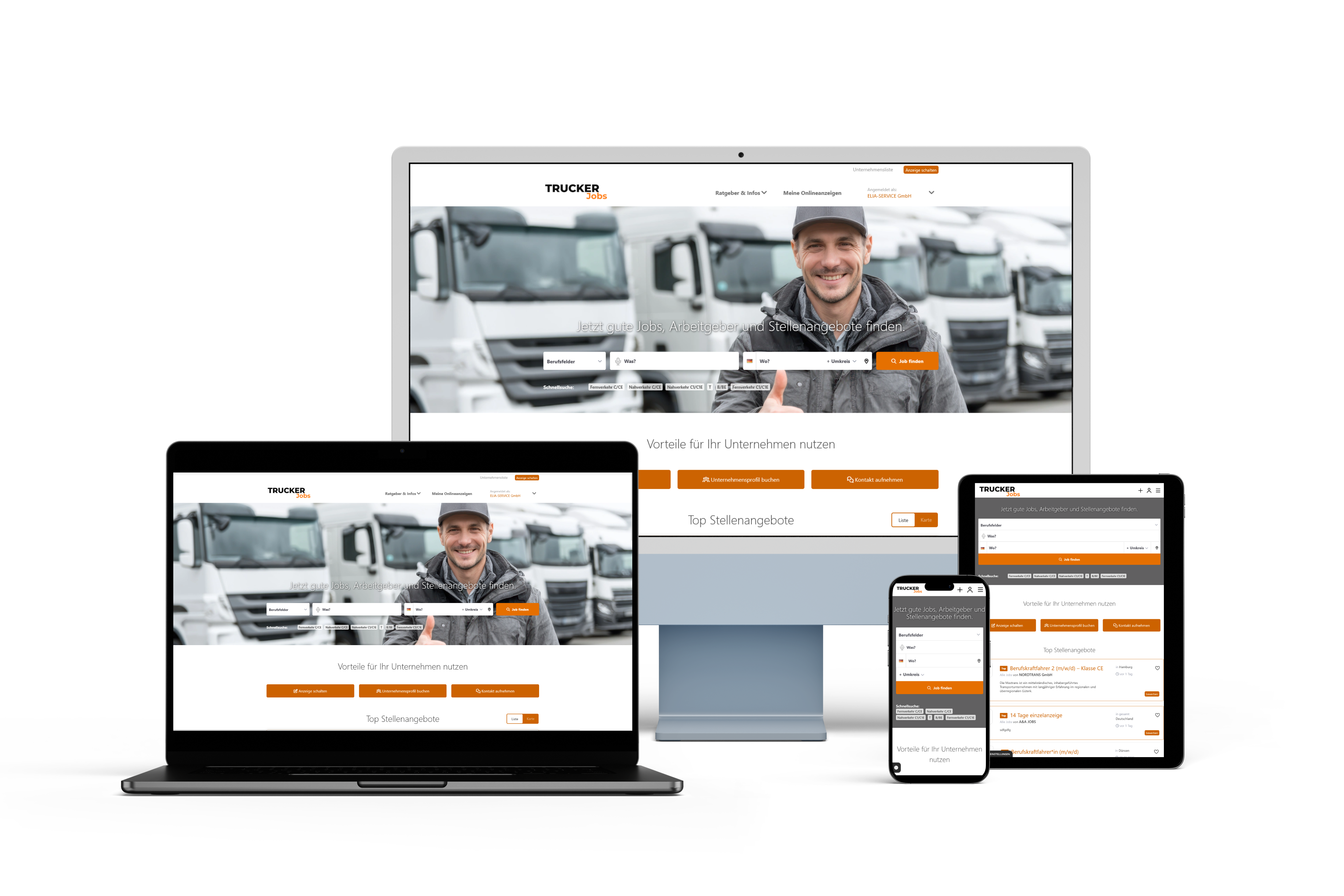 TRUCKER Jobs auf Desktop, Tablet und Smartphone auf weißem Hintergrund